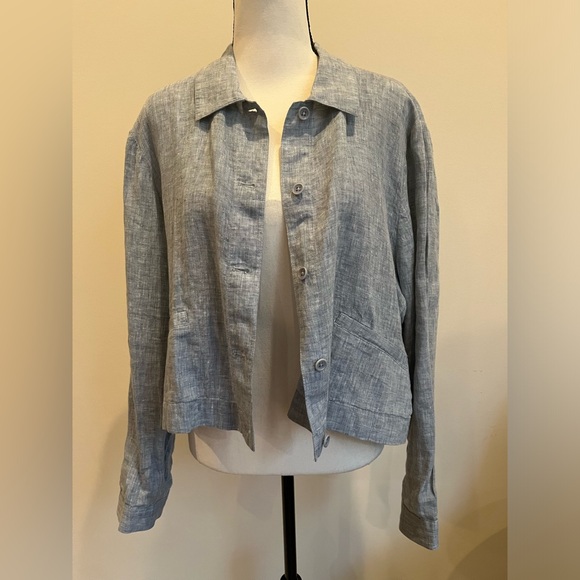 Eileen Fisher Blue Gray Button Up Linen Cropped Shirt Jacket Medium - Picture 2 of 14